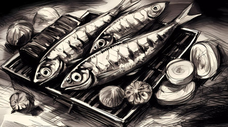 Sardines on a wooden tray, hand drawn illustration, sketchの素材