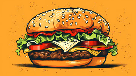 Hamburger vector illustration. Hand drawn hamburger isolated on orange background.の素材