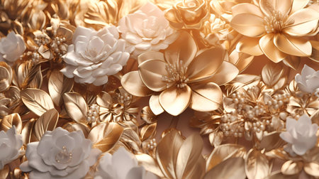 Gold and white flowers background. 3d rendering, 3d illustration.の素材