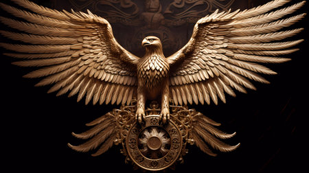 Eagle with shield on a dark background. 3d illustration.の素材