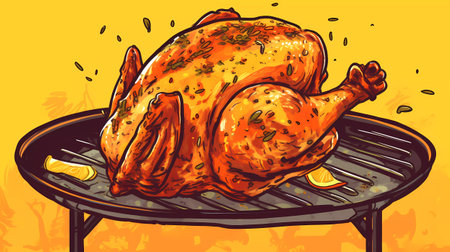 Roasted chicken on the grill. Vector illustration in cartoon style.の素材