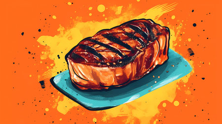 Steak on a blue plate. Grunge background. Vector illustration.の素材