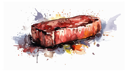 Illustration of beef steak with watercolor splashes on white backgroundのイラスト素材