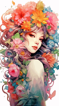 Beautiful girl with flowers in her hair. Vector fashion illustration.のイラスト素材