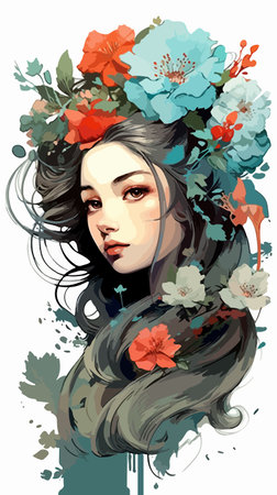 Beautiful young woman with flowers in her hair. Vector illustration.のイラスト素材