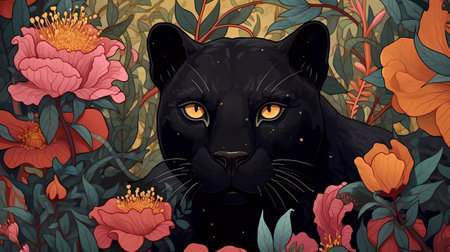 Cartoon black panther with flowers and leaves. Vector illustration.の素材
