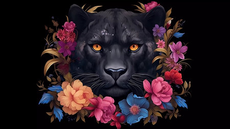 illustration of a black panther with flowers on a black backgroundの素材