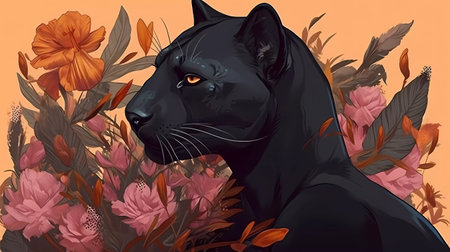 Black panther on a background of flowers and leaves. Vector illustrationの素材