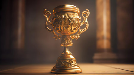 Golden trophy cup on the wooden floor. 3D render image.の素材