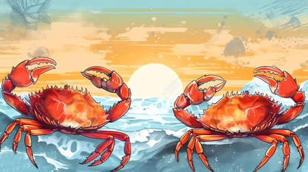 Crab on the background of the sea and the sun. Vector illustration.の素材