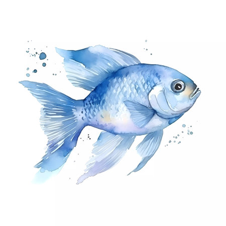 watercolor illustration of a blue fish on a white background with bubblesの素材