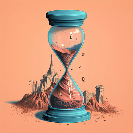 Hourglass with sand and ancient buildings in the background. Vector illustration.の素材