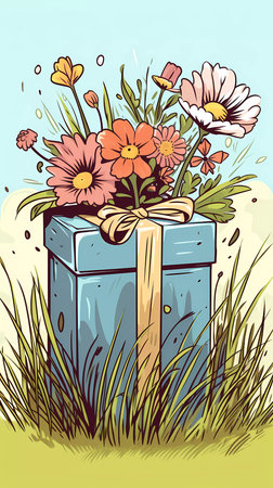 Gift box with a bouquet of flowers. Vector illustration.の素材