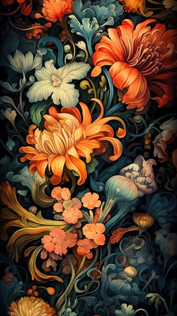 Abstract floral background with colorful flowers and leaves, computer collage.の素材