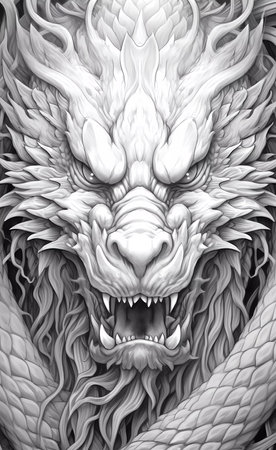 Dragon head with sharp teeth and sharp teeth. Black and white illustration.の素材