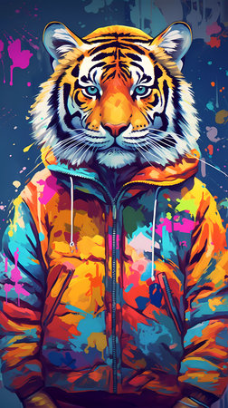 Tiger in a jacket with a colorful background. Vector illustration.の素材