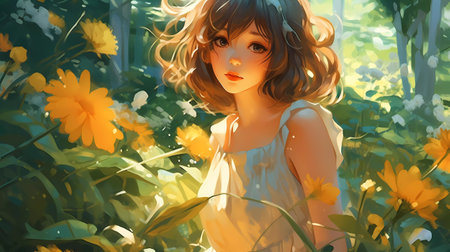 Digital painting of a beautiful girl in a meadow with yellow flowersの素材