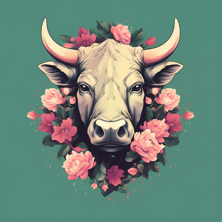 Bull head with flowers and leaves on green background. Vector illustration.の素材