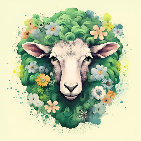 Sheep head with flowers and leaves. Animal portrait. Vector illustration.の素材