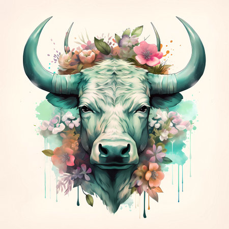 Watercolor portrait of a bull with flowers and leaves. Vector illustration.の素材