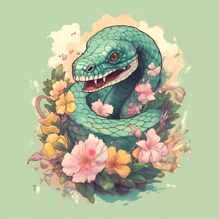 Cute snake with flowers. Hand drawn vector illustration for your designの素材