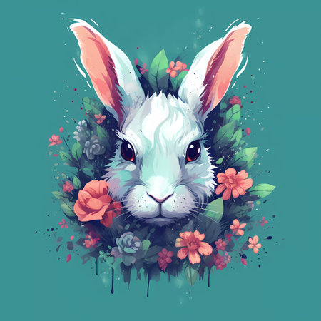 Rabbit with floral wreath on green background. Vector illustration.の素材
