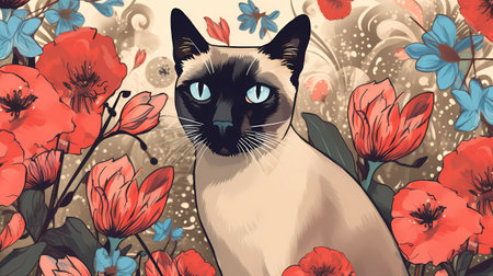 Cute siamese cat with flowers and butterflies. Vector illustration.の素材