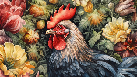 Beautiful rooster on a background of flowers. Illustration.の素材