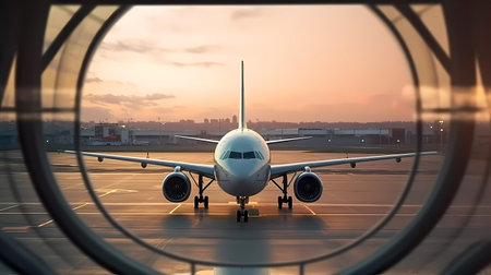 Airplane in the airport on the background of the sunset. 3d renderingの素材