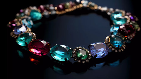 necklace on a black background with a lot of precious stones.の素材