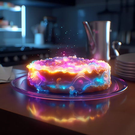 3d rendering of a cake on a plate on a kitchen tableの素材