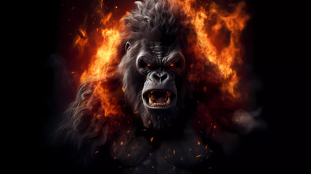 Gorilla in the fire on a black background. 3d renderingの素材