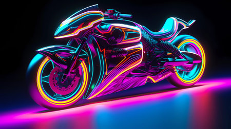 3d rendering of a futuristic motorcycle in neon light on a dark backgroundの素材