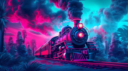 Retro steam locomotive at night, 3d rendering. Computer digital drawing.の素材
