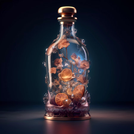 Magic pot in a bottle on a dark background. 3d renderingの素材
