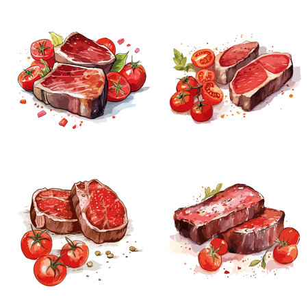 Set of beef steaks with tomatoes and spices. Vector illustration.のイラスト素材