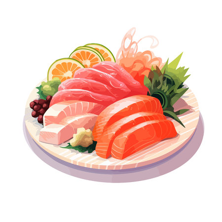 Salmon sashimi, Japanese food vector illustration isolated on white background.のイラスト素材