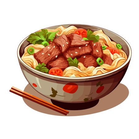 Noodles with beef and vegetables in bowl. Vector illustration.のイラスト素材