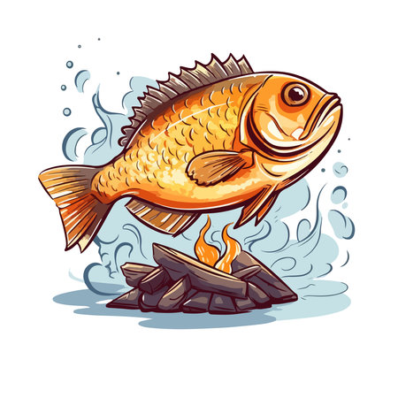 Illustration of a fish on a bonfire. Vector illustration.のイラスト素材