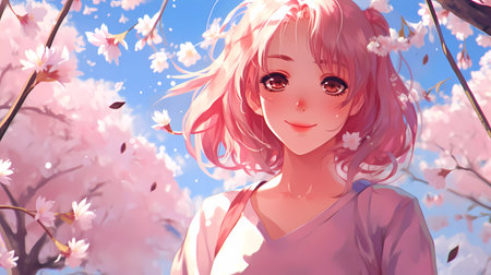 3D illustration of a beautiful girl with pink hair and cherry blossomsの素材
