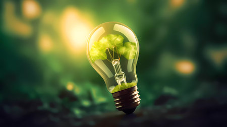 Glowing light bulb with green plant inside, eco concept. 3D renderingの素材