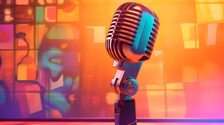 Retro microphone on a colorful background. 3d illustration. Vintage style.の素材