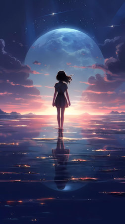 3d illustration of a woman standing in the moonlight over the seaの素材