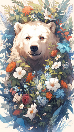 Vector illustration of a white bear in a wreath of flowers.の素材
