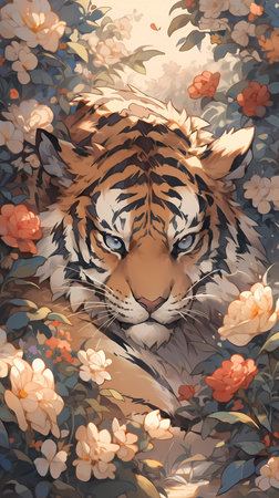 Digital painting of a tiger in a garden with flowers and leaves.の素材