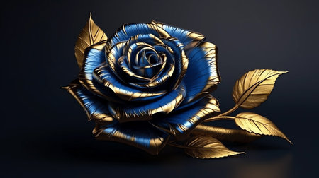3d rendering of blue rose with gold leaves isolated on black backgroundの素材