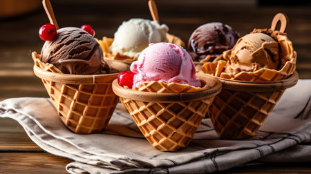 Ice cream in waffle cones with berries and chocolate on wooden backgroundの素材