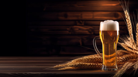 Beer glass and wheat ears on wooden table. Beer composition with copy spaceの素材