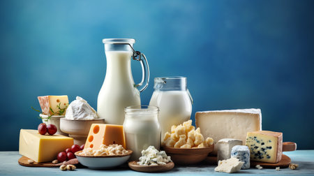 Different dairy products on wooden table against blue background. Dairy products.の素材