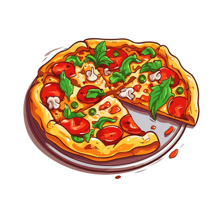 Pizza with tomato, mozzarella and basil. Hand drawn vector illustration.のイラスト素材